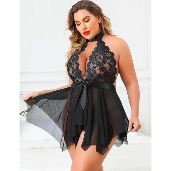 Avidlove Plus Size 16W High Waist Deep V Lace Babydoll Chemise With Mesh Skirt - Picture 3 of 7